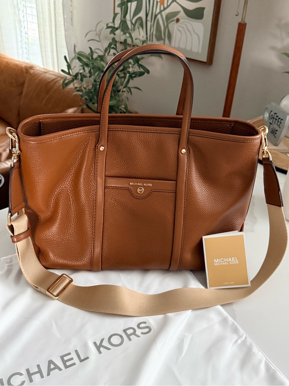 Michael Kors Pebbled Leather Tote in Cognac Brown with Gold Hardware